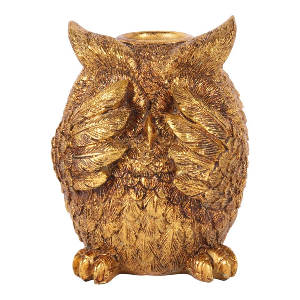 DS candlestick/holder owl 9 cm, gold, Mizaru