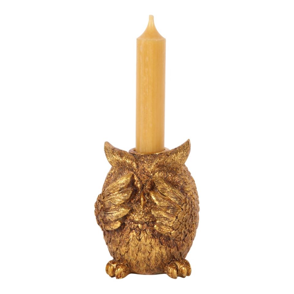 DS candlestick/holder owl 9 cm, gold, Mizaru