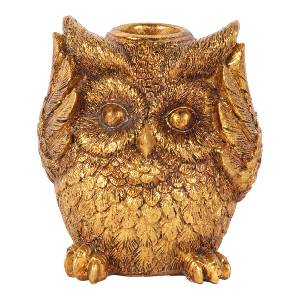 DS candlestick/holder owl 9 cm, gold, Kikazaru