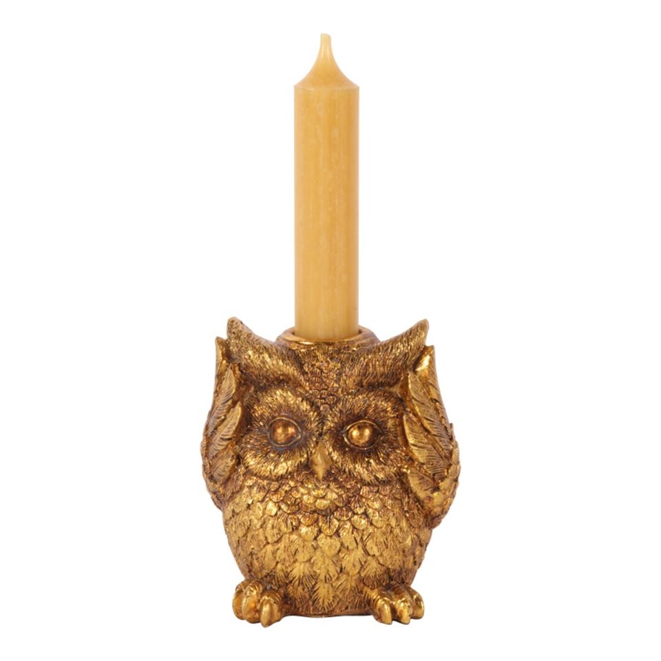 DS candlestick/holder owl 9 cm, gold, Kikazaru