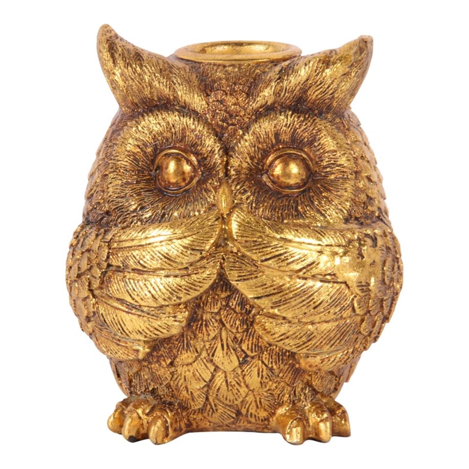 DS candlestick/holder owl 9 cm, gold, Iwazaru