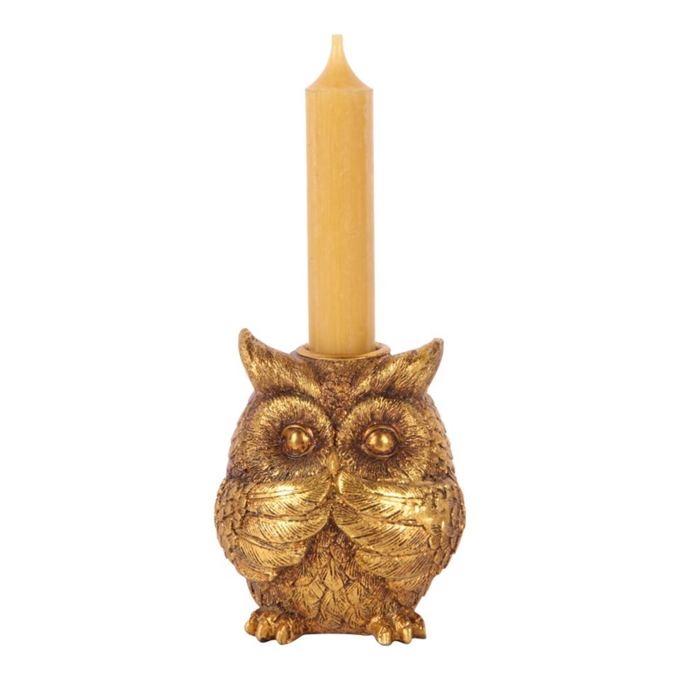 DS candlestick/holder owl 9 cm, gold, Iwazaru