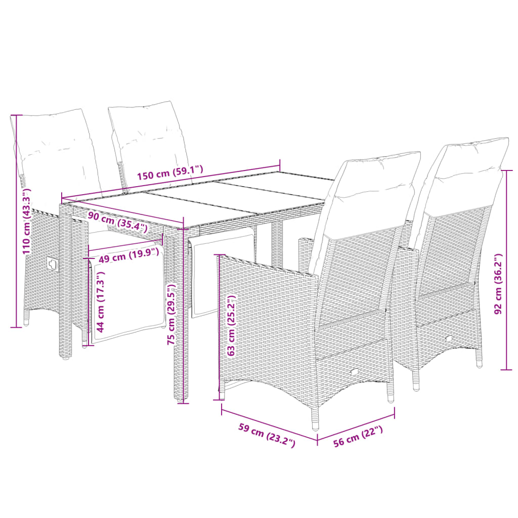 5-Tlg. Garten-Bistro-Set Mit Kissen Poly Rattan