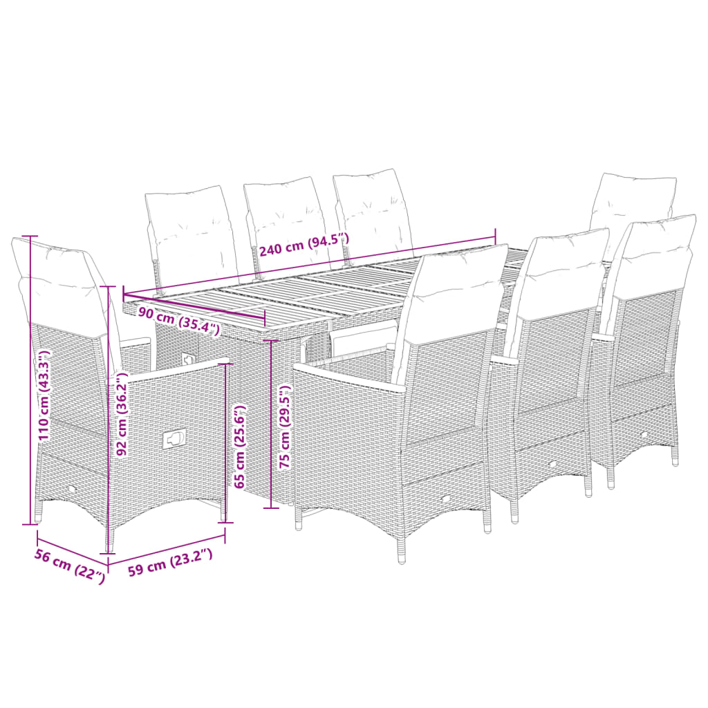 9-Tlg. Garten-Bistro-Set Mit Kissen Poly Rattan