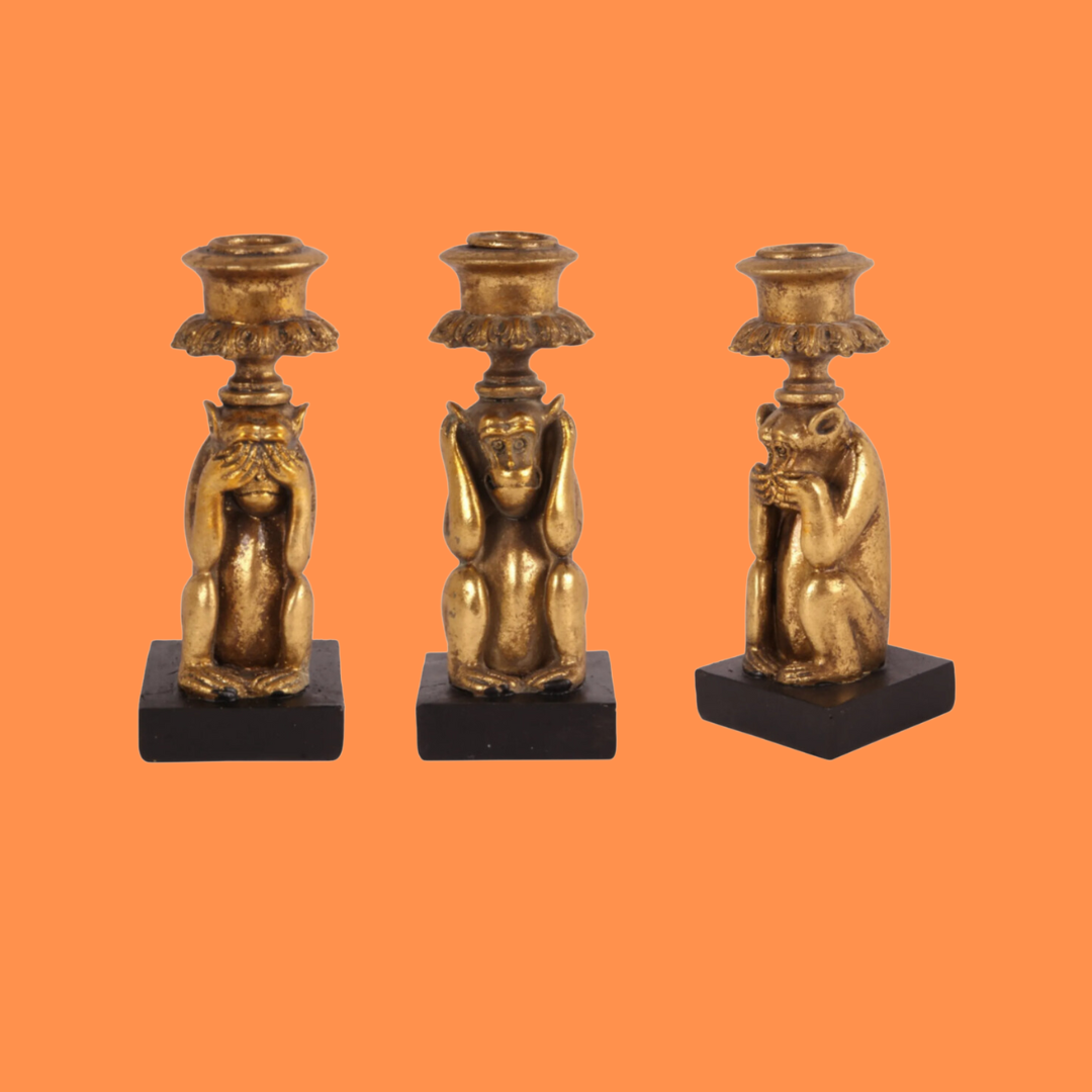 DS SET (3 pcs.) candlestick/holder monkey 15 cm, gold, Mizaru, Kikazaru, Iwazaru